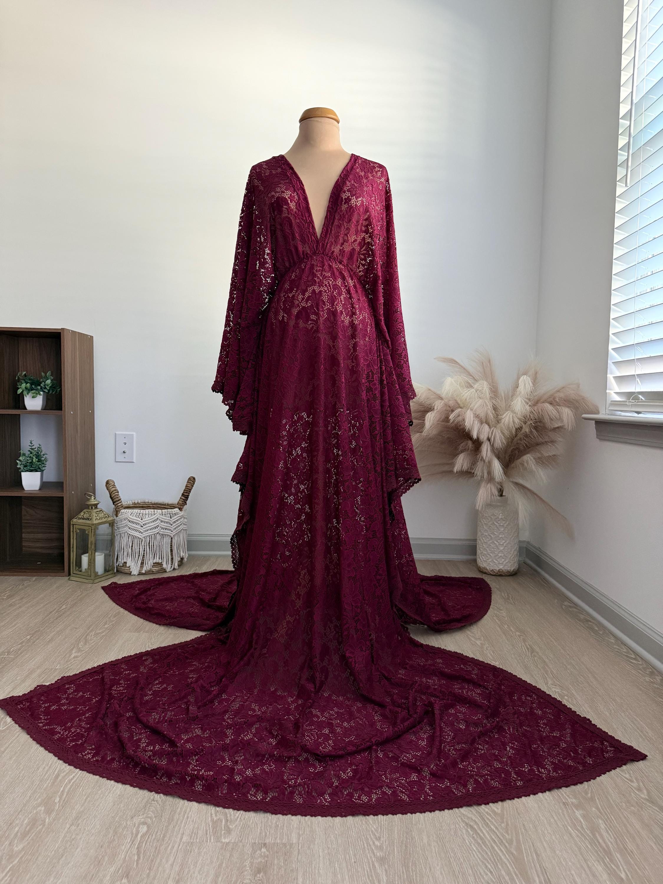 maxi dress lace sleeves Miss Circle Women Udaya Burgundy Lace Long Sleeve Maxi Dress main image 0