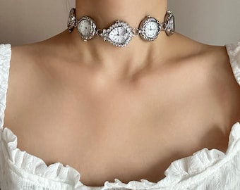 Silver Vintage Watch Choker Necklace,Multi-Dial Statement Timepiece Jewelry, Retro Clock Chain,Gothic Steampunk Choker Handmade Gift for Her