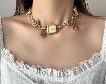 Golden Watch Face Choker with Solar Charm, Antique-Inspired Timepiece Necklace, Bold Chain Jewelry ,Unique Retro Jewelry Gift for Her