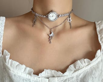 Celestial Watch Choker Necklace,Lunar Crescent Charm Necklace,Starry Sky Chain Choker,Y2K Inspired Celestial Statement Necklace,Gift Idea