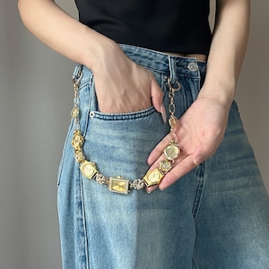 Vintage Gold Watch Pants Chain,Minimalist punk Style Belt,Retro Watch Jeans Chain,Handmade Multi Timepiece Jewelry Belt,Fashion Gift For Her