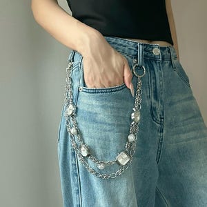 Double Layer Watch Chain Belt,Punk Silver Pearl Pants Chain,Adjustable Jewelry For Bag Or Jeans,Y2K Streetwear Accessory,Edgy Gift For Her