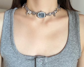 Punk Watch Choker Necklace,Gothic Black Layered Design Roman Dial Clock,Handmade Y2K Silver Spikes Chain Choker,Unique Gift for Her