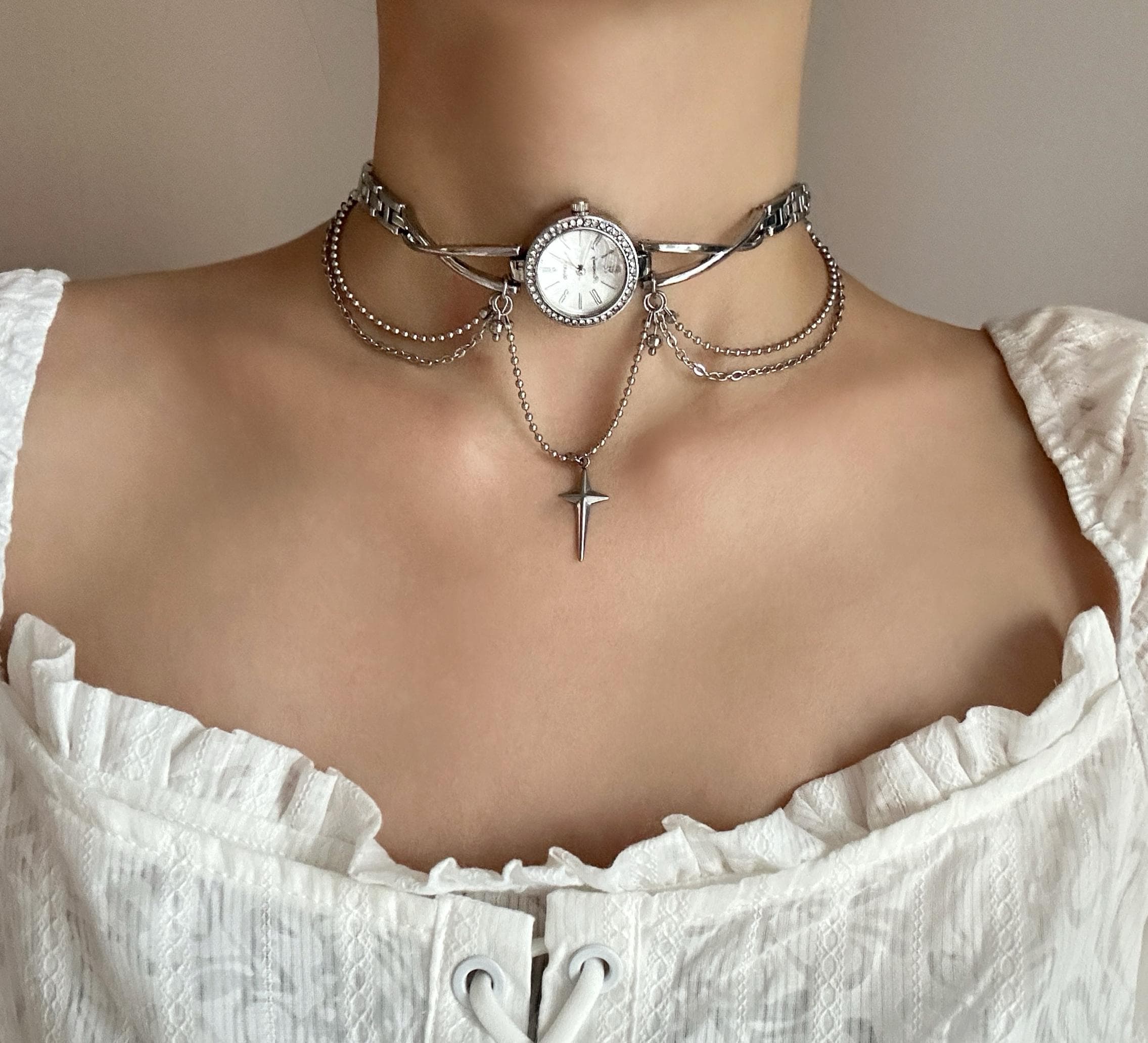 Handmade Gothic Watch Choker Necklace with Chains and Cross Charm, Vintage Punk Steampunk Clock Collar for Women,Statement Jewelry Gift