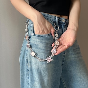 Gothic Watch Pants Chain,Punk Style Belt Chain With Pink Heart Dial,Pearl&Heart Charms Accents Jeans Chain,Handmade Statement Gift