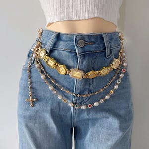 Vintage Gold Watch Waist Chain with Pearls & Charms,Jeans Belt Chain,Statement Hip Chain for Pants, Bags or Skirts,Colorful Waist Jewelry