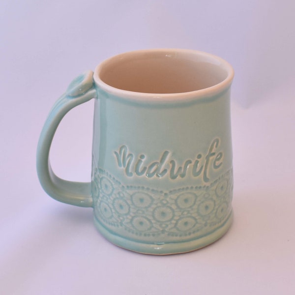 ON SALE!  Midwife Mug, Lace, aqua, seconds