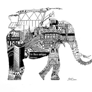May include: Black and white line art illustration of an elephant silhouette filled with various images of the city of Nantes, France. The elephant's trunk is raised and the image includes the text "FC Nantes", "Nantes", and "Le lieu unique entree".