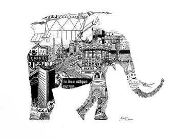 Elephant de Nantes Bretagne 44 région animal encre culture locale ville encapsulée artiste noir et blanc océan paysage graphisme art marin