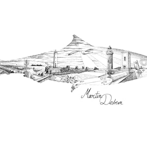 Sardine de Saint-Gilles Croix de Vie Illustration à l'encre noire de la Vendée côte poisson mer océan paysagegraphisme art marin Dedron