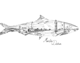 Sardine de Saint-Gilles Croix de Vie Illustration à l'encre noire de la Vendée côte poisson mer océan paysage graphisme art marin Dedron