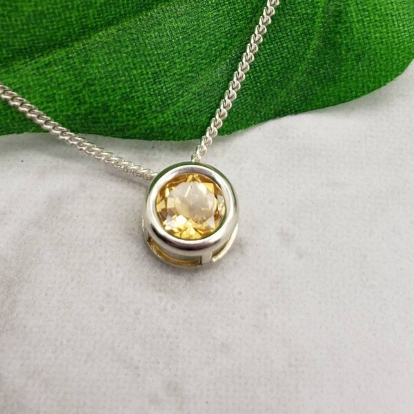 Golden Citrine Slider Necklace, Layering, Feminine, 6mm Solitaire Pendant, Sterling Silver, Yellow Gemstone, November Birthstone Gift