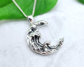 Moon Wave Necklace, 925 Sterling Silver, Crescent Moon Pendant Gift for Her, Moon Phase and Tides Jewelry, Inner Peace