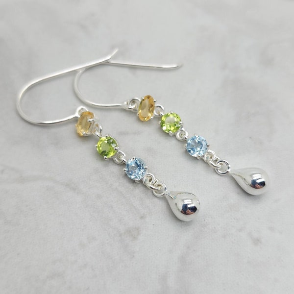 Three Gemstone Earrings, Citrine, Peridot, Blue Topaz Stones, Sterling Silver, Multistone Earwires, Colorful Jewelry, Delicate, Small