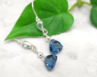 London Blue Quartz Trillion Earrings with Blue Topaz Accent in Sterling Silver