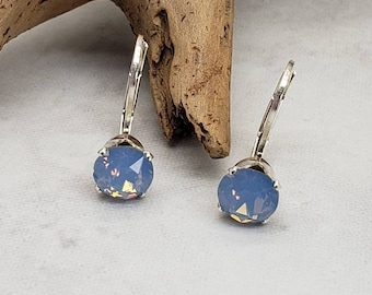 Air Blue Opal Crystal Earrings, Periwinkle Blue, Sterling Silver, Pastel Earrings, Leverback Earrings, Sparkly, Christmas Gift for Her