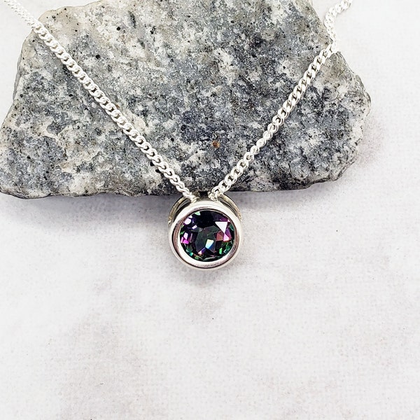 Mystic Topaz Slider Necklace, Layering Necklace, Feminine, Simple, 6mm Solitaire Pendant, Sterling Silver, Minimalist, Rainbow Topaz, Gift
