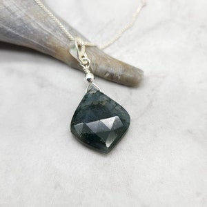 Natural Green Moss Agate Necklace, Sterling Silver, Kite Shape, Genuine Gemstone Jewelry, Moss Agate Pendant