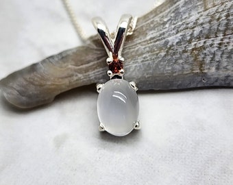 White Moonstone and Garnet Gemstone Necklace, Sterling Silver, Oval Cut, Wedding Necklace, January Birthday, June Birthstone, Birthday Gift