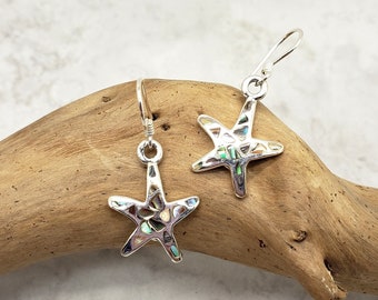 Abalone Starfish Earrings, Sea Star, Sterling Silver, Ocean Jewelry, Gift for Her, Beach Lover, Nautical, Paua Shell, Vacation Jewelry