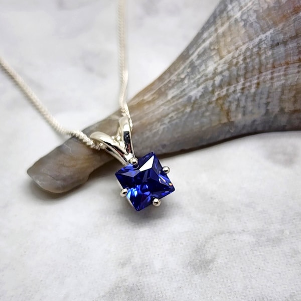 Princess Cut Tanzanite Necklace, Purple CZ, Simple, Minimalist, 6 mm Solitaire, December Birthstone Birthday, Gift, Faux Stone, Mothers Day