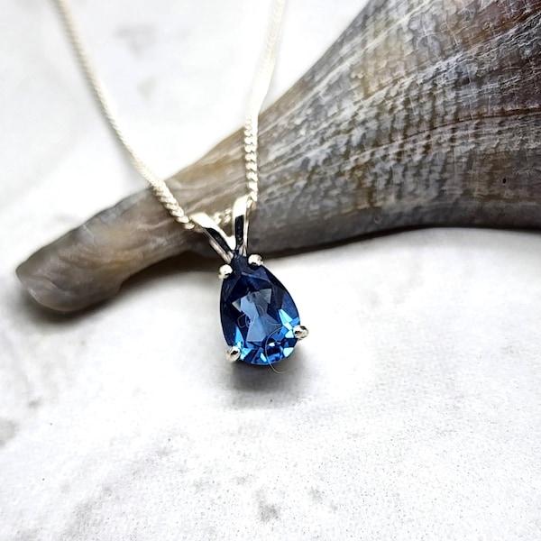 Blue Zircon Necklace, December Birthstone Jewelry, 9x6mm Pear Cut Gemstone, Sterling Silver, Birthday Gift for Her, Solitaire Pendant