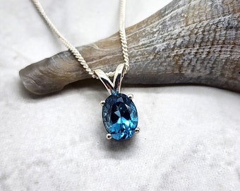 Oval London Blue Topaz Necklace, Sterling Silver, Gemstone Jewelry, Blue Topaz Pendant, Single Solitaire, December Birthday Day Gift for Her