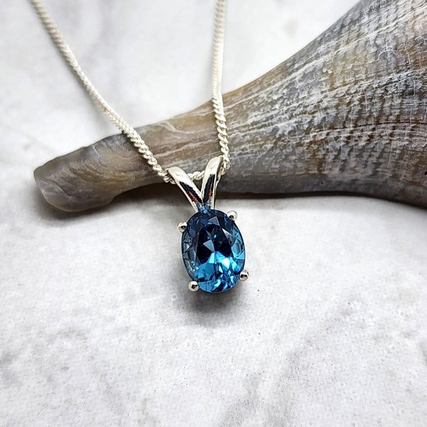 Oval London Blue Topaz Necklace, Sterling Silver, Gemstone Jewelry, Blue Topaz Pendant, Single Solitaire, December Birthday Day Gift for Her