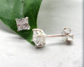 Tiny Square CZ Earrings, Sterling Silver, Faux Diamond Earring, Studs, Emerald Cut, Cartilage Earring, April Birthstone, Dainty, Everyday