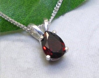 Teardrop Garnet Necklace, January Birthstone, 7x5mm Natural Garnet Pear Cut Gemstone Pendant, Sterling Silver, January Birthday Gift for Her