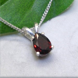 Teardrop Garnet Necklace, January Birthstone, 7x5mm Natural Garnet Pear Cut Gemstone Pendant, Sterling Silver, January Birthday Gift for Her