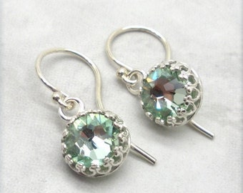 Chrysolite Crystal Earrings, Green Sparkling Earrings, Sterling Silver, Silver Earwires, Gift for Her, Valentines Day, Bridal Jewelry