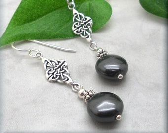 Black Coin Pearl Earrings, Pearl Celtic Knot Earrings, 925 Sterling Silver, Celtic Dangle, Gift for Her, Fancy, Irish Knot, Womens Earring