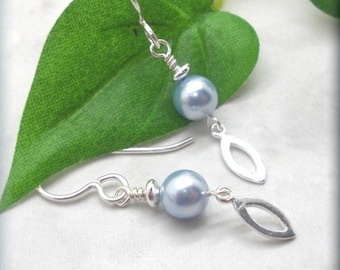 Light Blue Pearl Dangle Earrings, 925 Sterling Silver, Lightweight, Gift for Her, Womens Earrings, Wedding Jewelry, Something Blue , Marquis