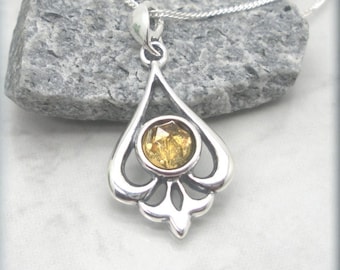 Rose Cut Citrine Necklace, Silver Filigree Pendant, 925 Sterling Silver, Feminine, Citrine Pendant, November Birthstone, Birthday Gift