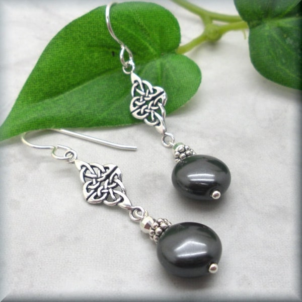 Black Coin Pearl Earrings, Pearl Celtic Knot Earrings, 925 Sterling Silver, Celtic Dangle, Gift for Her, Fancy, Irish Knot, Womens Earring