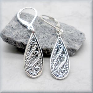 Swirl Filigree Earrings, Teardrop Earrings, Sterling Silver, Leverback Earrings, Drop, Romantic, Lightweight, Minimalist, Everyday