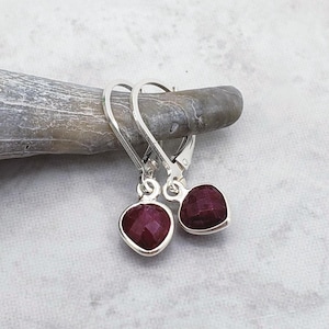 Tiny Ruby Heart Sterling Silver Leverback Earrings, July Birthstone