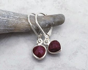 Tiny Ruby Heart Sterling Silver Leverback Earrings, July Birthstone
