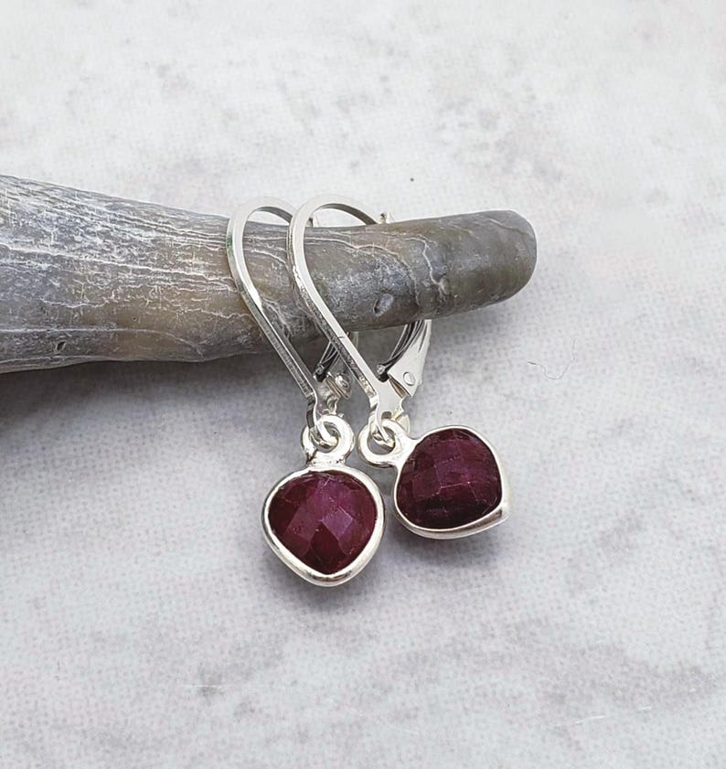 Tiny Ruby Heart Sterling Silver Leverback Earrings, July Birthstone image 1