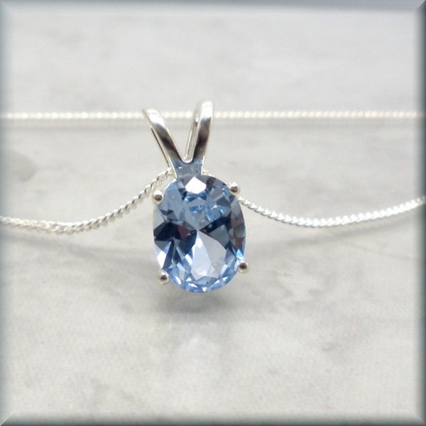 Oval Cut Sky Blue Spinel Necklace, 9x7mm Solitaire Pendant, Lab Created Gemstone, Sterling Silver, Faceted Stone, Classic, Christmas Gift