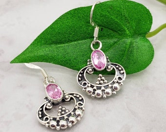 Pink CZ Art Nouveau Earrings, Sterling Silver, Feminine, Oval Cut Cubic Zirconia, October Birthday, Feminine, Christmas Gift for Her