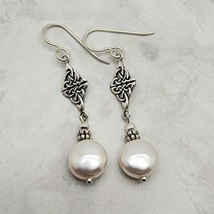 White Coin Pearl Earrings, Pearl Celtic Knot Earrings, 925 Sterling Silver, Celtic Dangle, Gift for Her, Fancy, Irish Knot, Womens Earring image 6