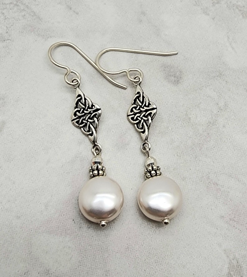 White Coin Pearl Earrings, Pearl Celtic Knot Earrings, 925 Sterling Silver, Celtic Dangle, Gift for Her, Fancy, Irish Knot, Womens Earring image 6