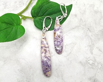 Natural Petrified Purple Fluorite Earrings, Sterling Silver Leverback Earring, Skinny, Long Teardrop, Cabochon Jewelry, Unique Unusual Stone