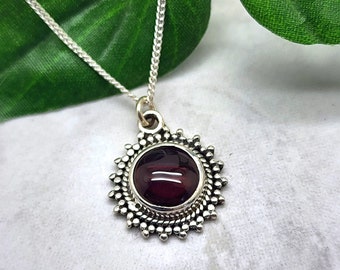 Sunburst Garnet Necklace, Round Cabochon,Sterling Silver, Gemstone Necklace, January Birthstone, Birthday Gift, Gift for Her, Mothers Day