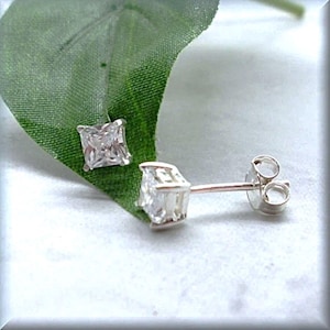 Tiny Square CZ Earrings, Sterling Silver, Faux Diamond Earring, Studs, Emerald Cut, Cartilage Earring, April Birthstone, Dainty, Everyday