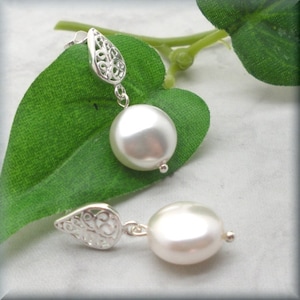 Filigree Post White Coin Pearl Earrings, Bridal Jewelry, Beach Wedding, June Birthstone, June Birthday Gift for Her, Sterling Silver Earring