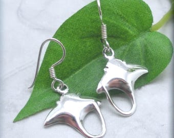 Silver Stingray Earrings, Manta Ray Earrings, Ocean Animal, Sea Life Jewelry, Oceanographer Gift, 925 Sterling Silver, Scuba Diver