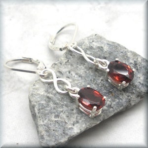 Oval Garnet Earrings, Sterling Silver, January Birthstone, January Birthday Gift, 7x5 mm Oval Cut Leverback Earring, Infinity Knot, Gemstone image 3